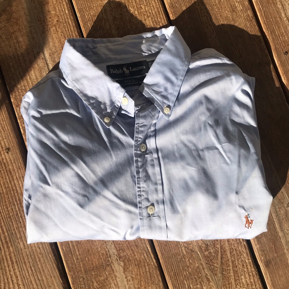 light blue polo button down. long sleeves